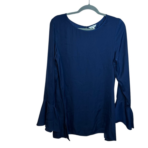 Max Studio Navy Blue Satin Bell Sleeve Blouse - Picture 1 of 5